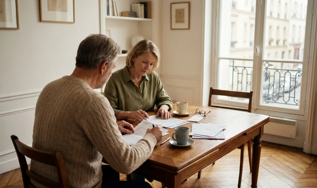 Un couple examine ses documents à la maison